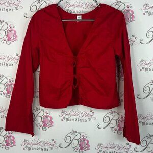 Twik long sleeve ribbon tie up front shirt v neck Bold Red Blouse